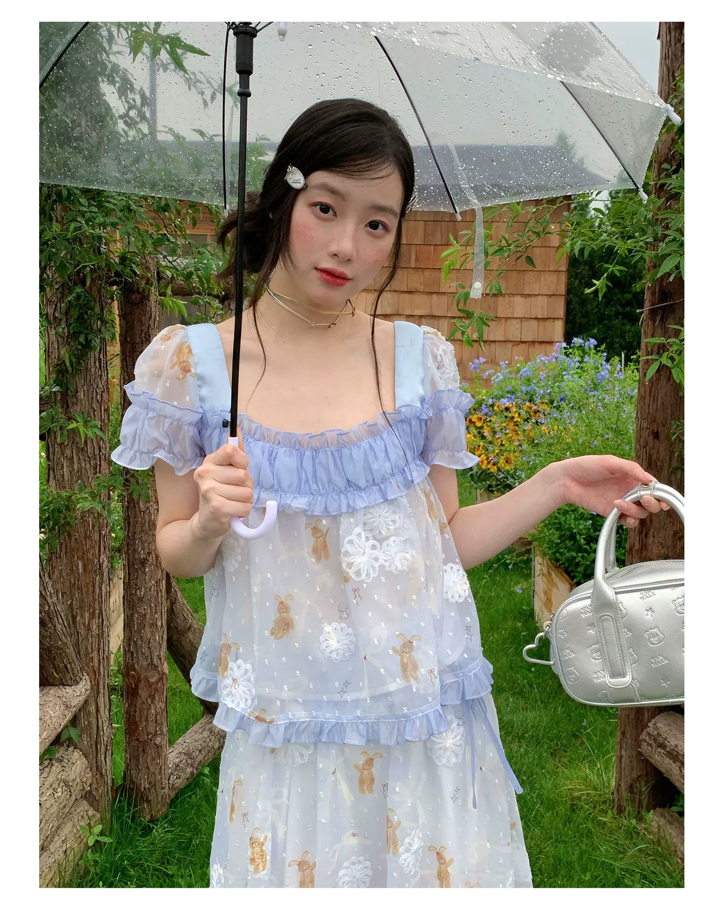 [RF] “Blue Teddy Fairytale” Bear Print Two-Piece Dress Set