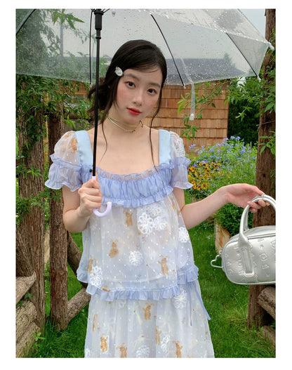 [RF] “Blue Teddy Fairytale” Bear Print Two-Piece Dress Set