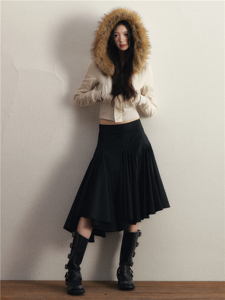 1P - Beige Hooded Cotton-Padded Jacket with Faux Fur Collar