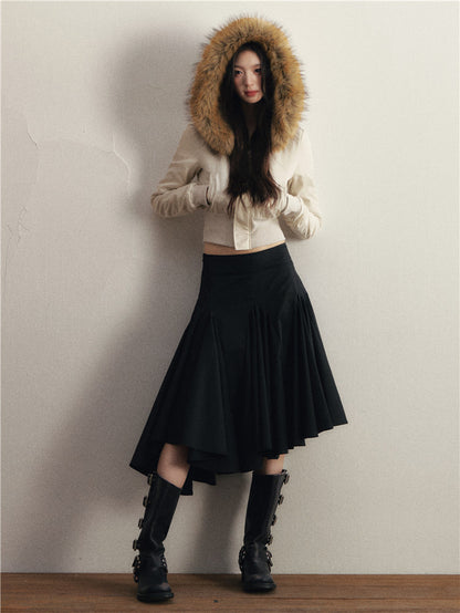 1P - Beige Hooded Cotton-Padded Jacket with Faux Fur Collar