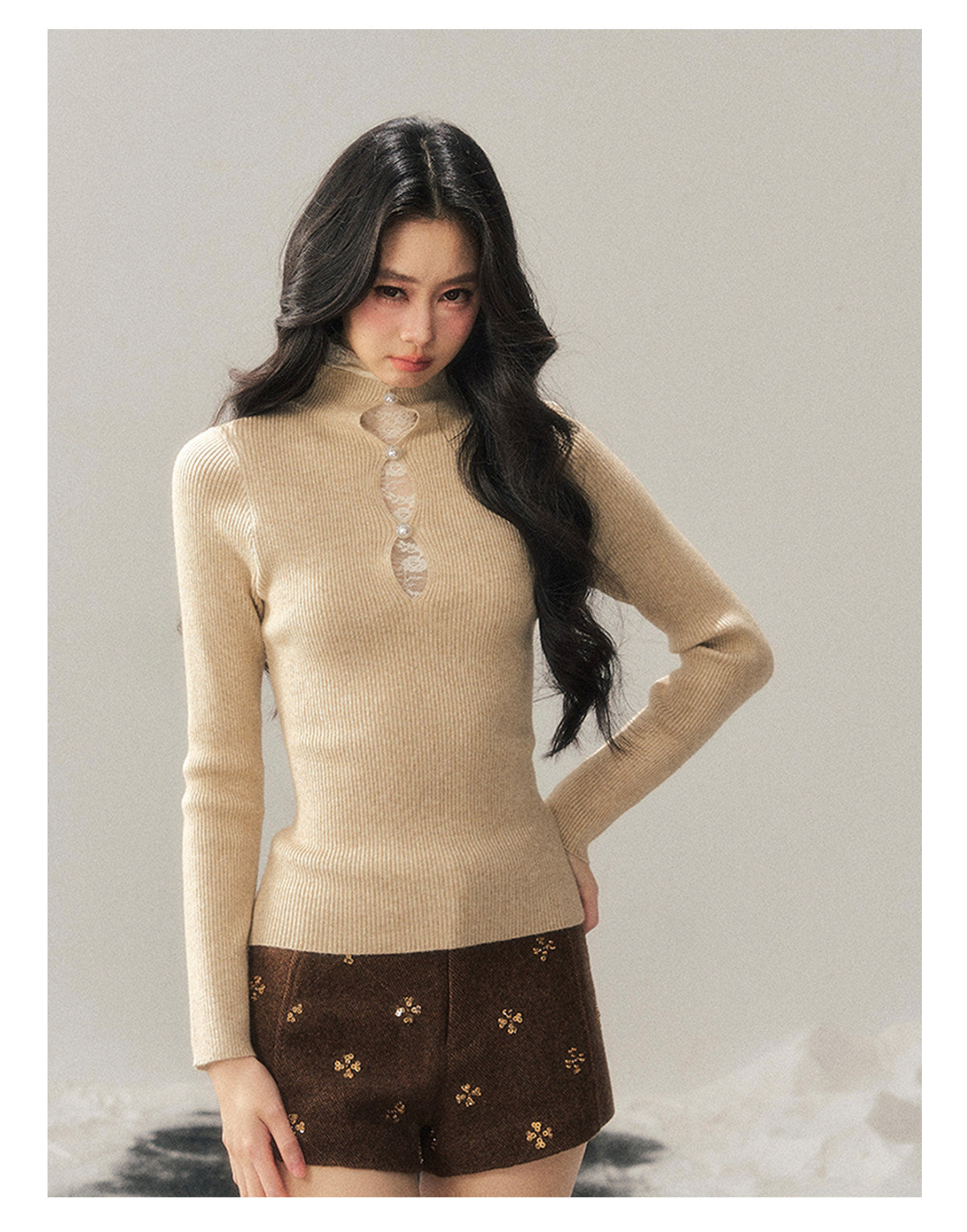 040126 "Lacewoven Dream" Mock Neck Layered Lace Knit Top - Cream Apricot