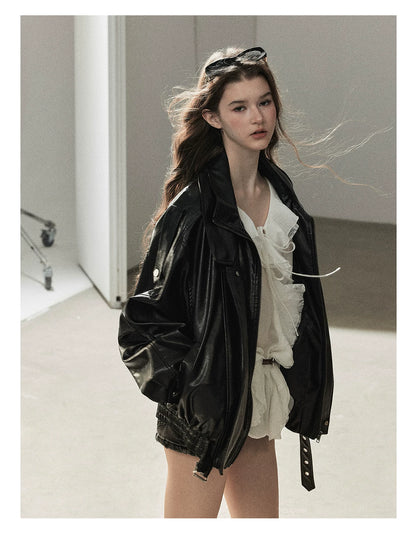 AOMALM - "Solo Journey" Quiet Black Oversized PU Moto Jacket