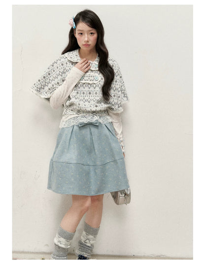 [RF] Mist Gray Argyle Jacquard Cropped Poncho-Style Pullover with Lace Trim