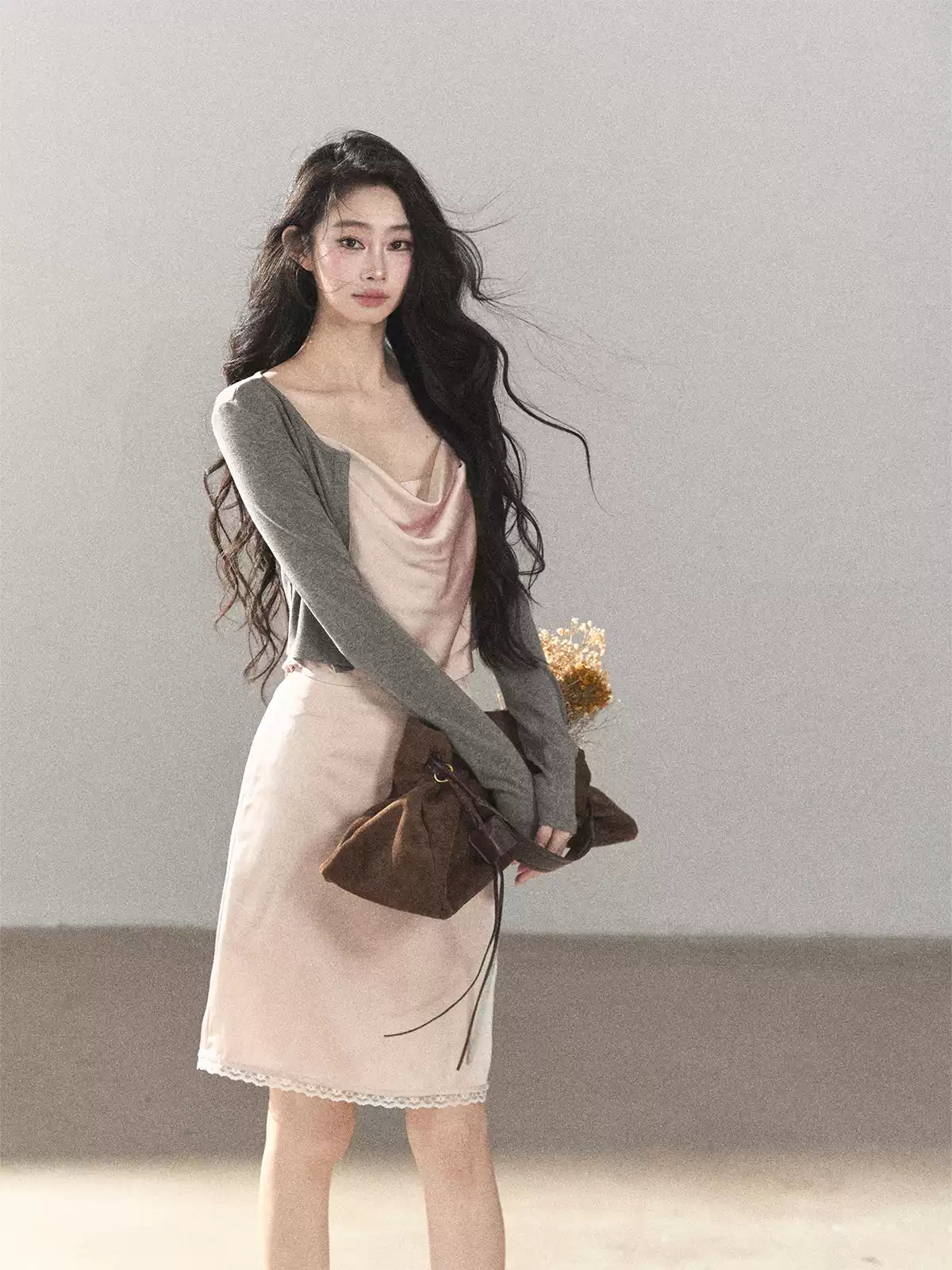 AOMALM - Glacier Pink Satin Cami & Skirt Set with Paris Gray Knit Cardigan