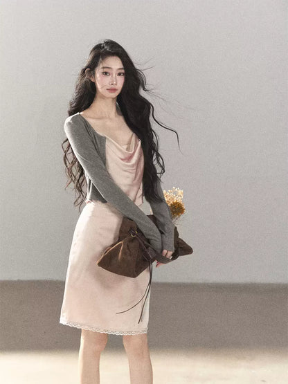 AOMALM - Glacier Pink Satin Cami & Skirt Set with Paris Gray Knit Cardigan