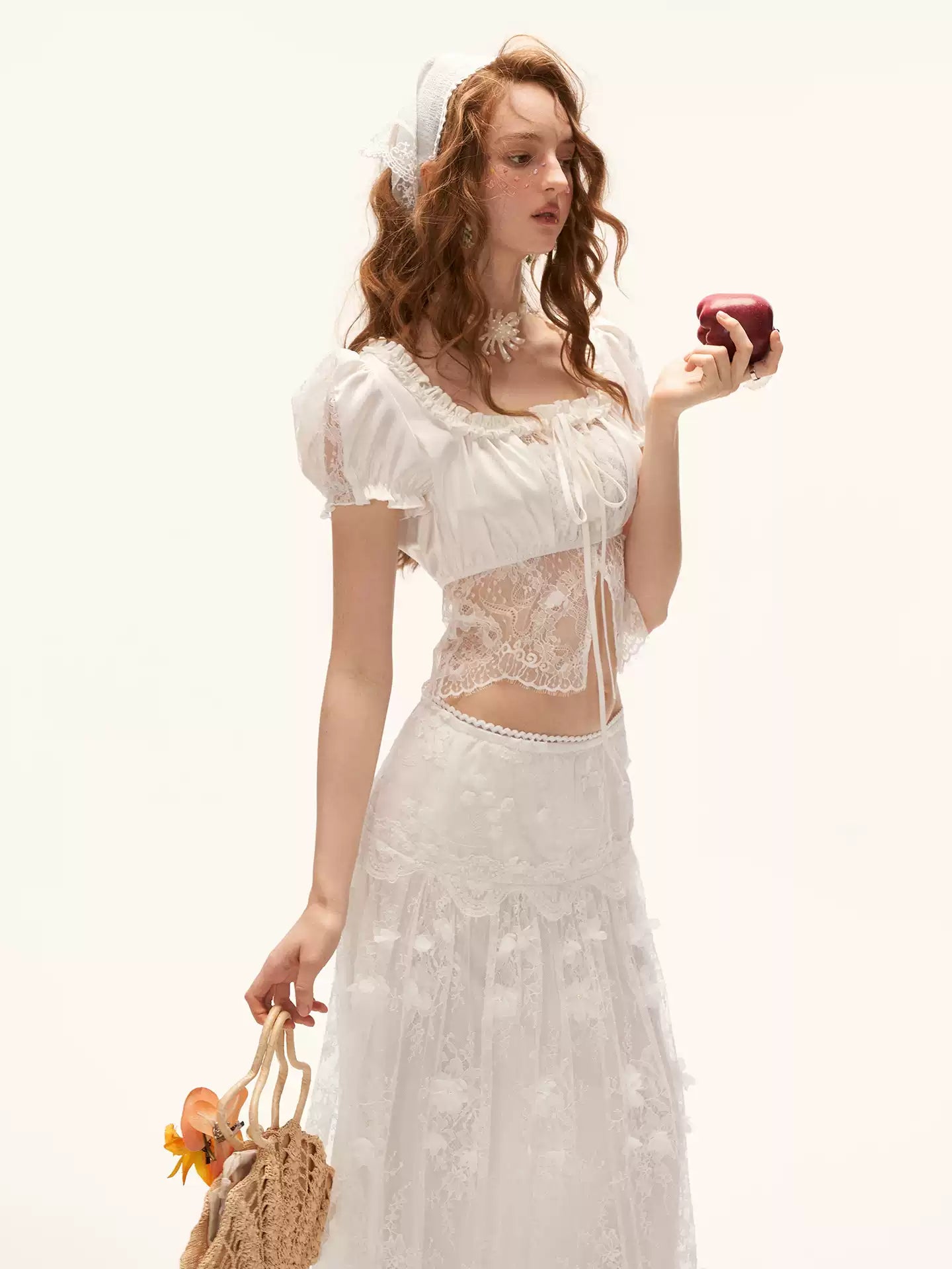 "French Lace Mood" Square Neck Puff Sleeve Top WE953