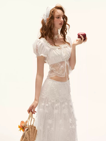 "French Lace Mood" Square Neck Puff Sleeve Top WE953