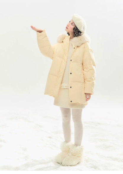 "Butter Soufflé" Vanilla Butter Hooded Mid-Length Down Coat with Faux Fox Fur Trim