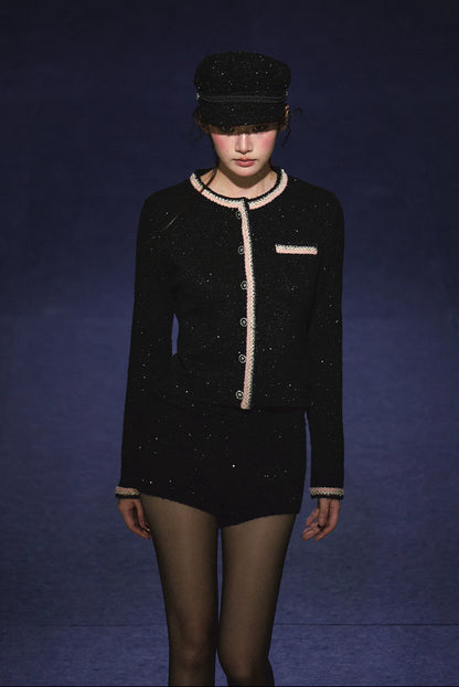 "Starlit Heiress" Black Shimmer Contrast Knit Cardigan & Shorts Set