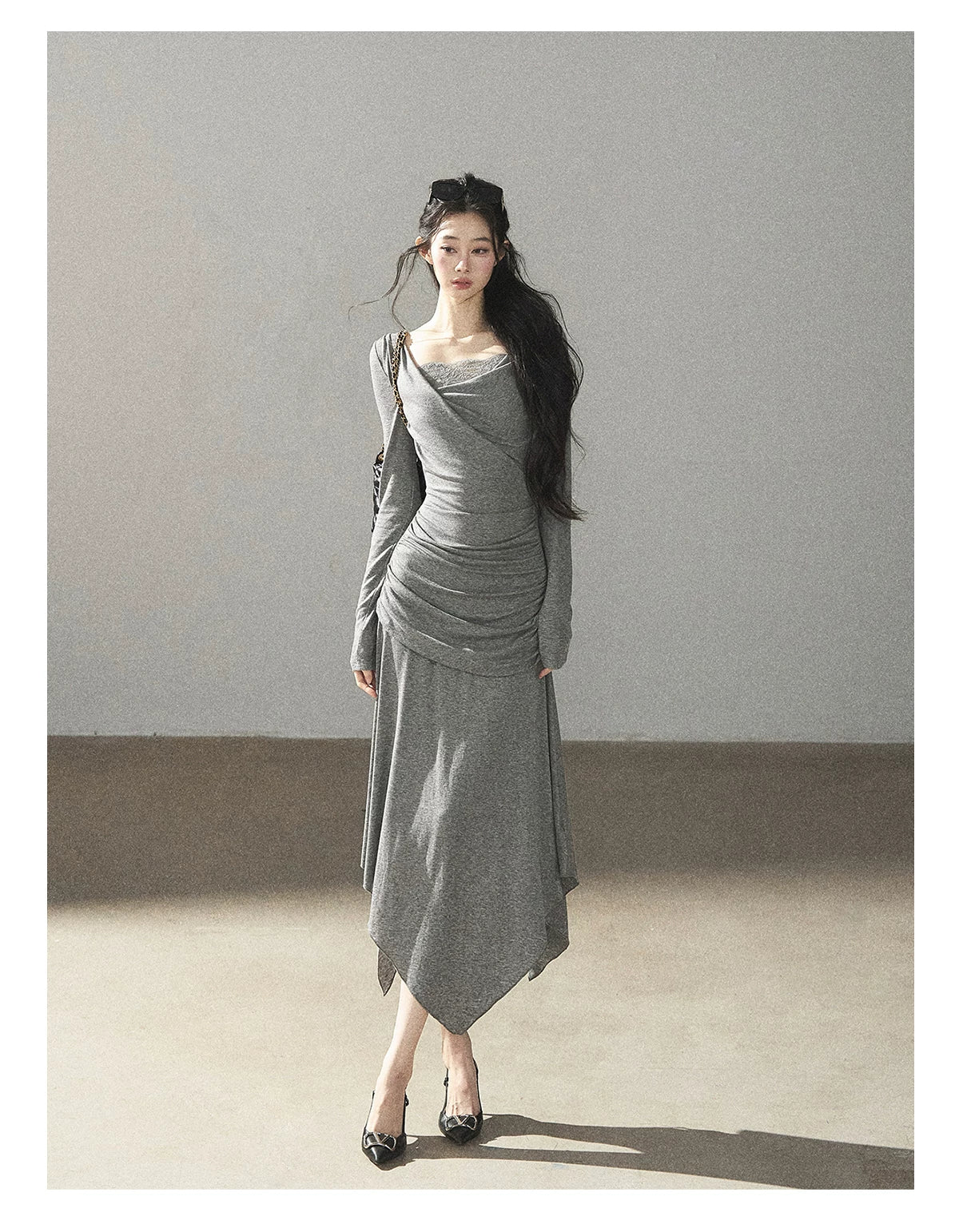 AOMALM - "Still River Cove" Cloud Mist Gray French-Inspired Lace Maxi Dress