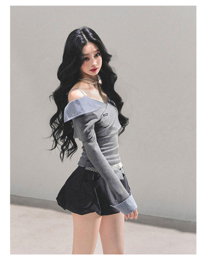 少也眼 “Entwined Dreams” Off-Shoulder Knit Tee 645641544