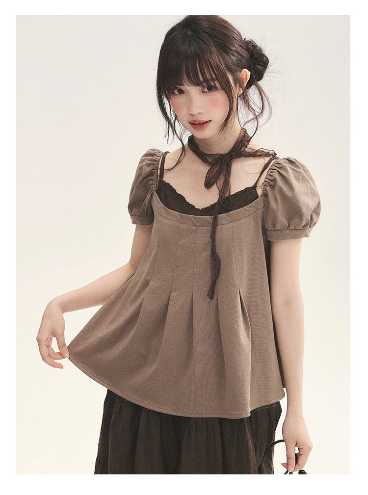 "Tea Brown Reverie" Tea Brown Off-Shoulder Puff Sleeve Knit Top