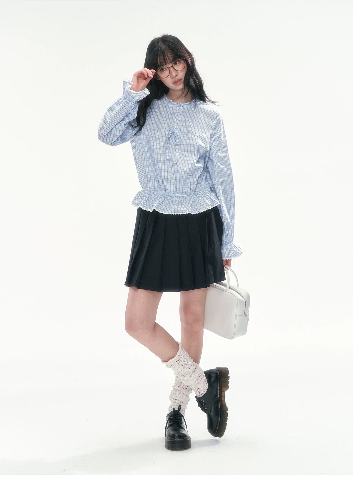 [CAN] Blue Plaid Lace-Trim Bow Tie Blouse