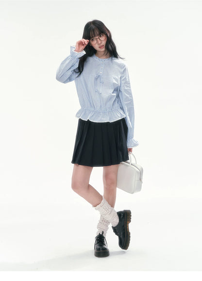 [CAN] Blue Plaid Lace-Trim Bow Tie Blouse