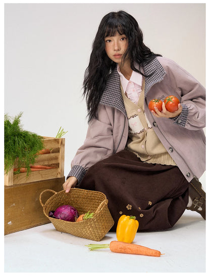 [CAN] "Lavender Plaid Notes" Dusty Purple Plaid Double Collar Cropped Jacket