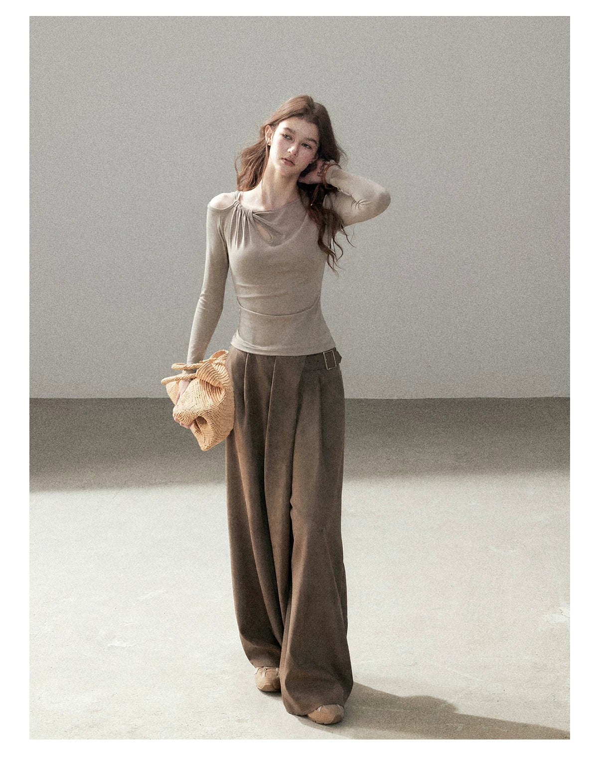 AOMALM - "A Touch of Autumn" Loose Relaxed Balloon Wide-Leg Pants With Belt (Dusty Taupe Brown / Quiet Black)
