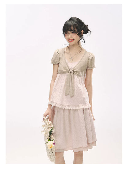 "Sweetheart Pages" Blush Pink Bow Puff Sleeve Top & A-Line Skirt Set