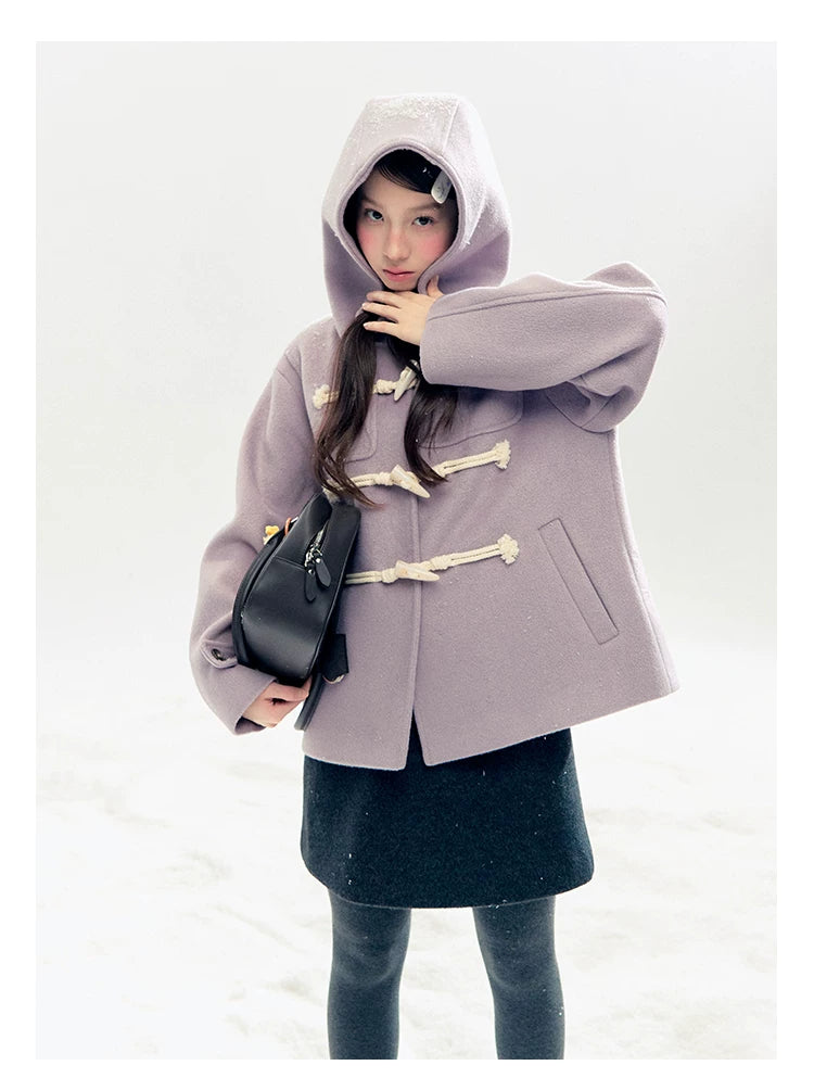 "Velvet Snowfall" Purple Mist Hooded Quilted Wool-Touch Duffle Coat