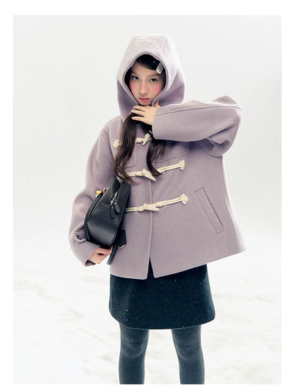 "Velvet Snowfall" Purple Mist Hooded Quilted Wool-Touch Duffle Coat
