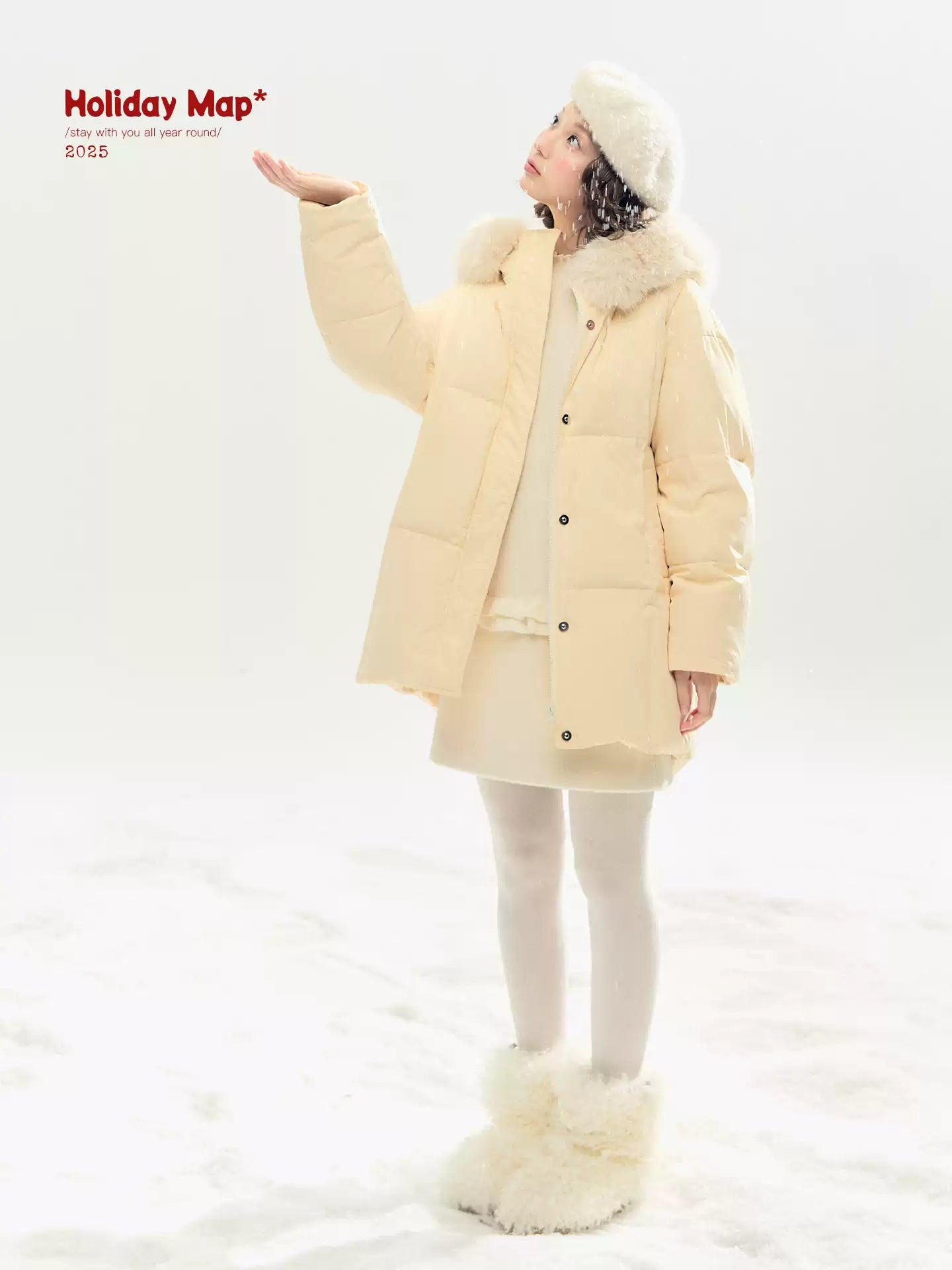 "Butter Soufflé" Vanilla Butter Hooded Mid-Length Down Coat with Faux Fox Fur Trim