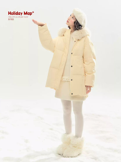 "Butter Soufflé" Vanilla Butter Hooded Mid-Length Down Coat with Faux Fox Fur Trim