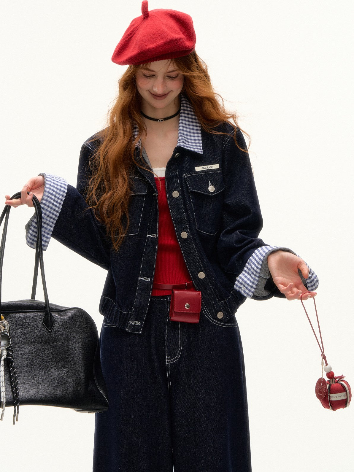 ASGONY - Patchwork Denim Jacket & Wide-Leg Jeans Set