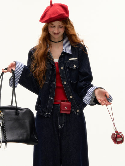ASGONY - Patchwork Denim Jacket & Wide-Leg Jeans Set