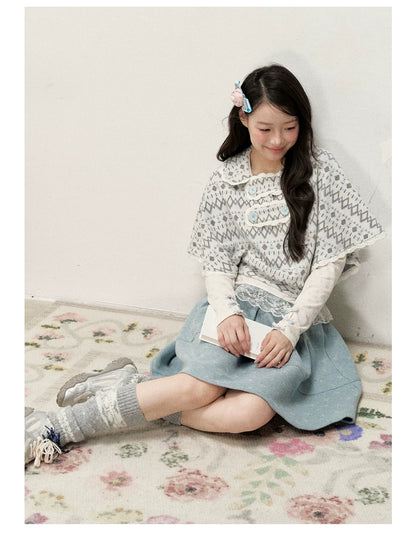 [RF] Mist Gray Argyle Jacquard Cropped Poncho-Style Pullover with Lace Trim