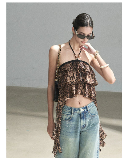 "Chasing the Sunset" Chestnut Brown Leopard Halter Ruffle Crop Top
