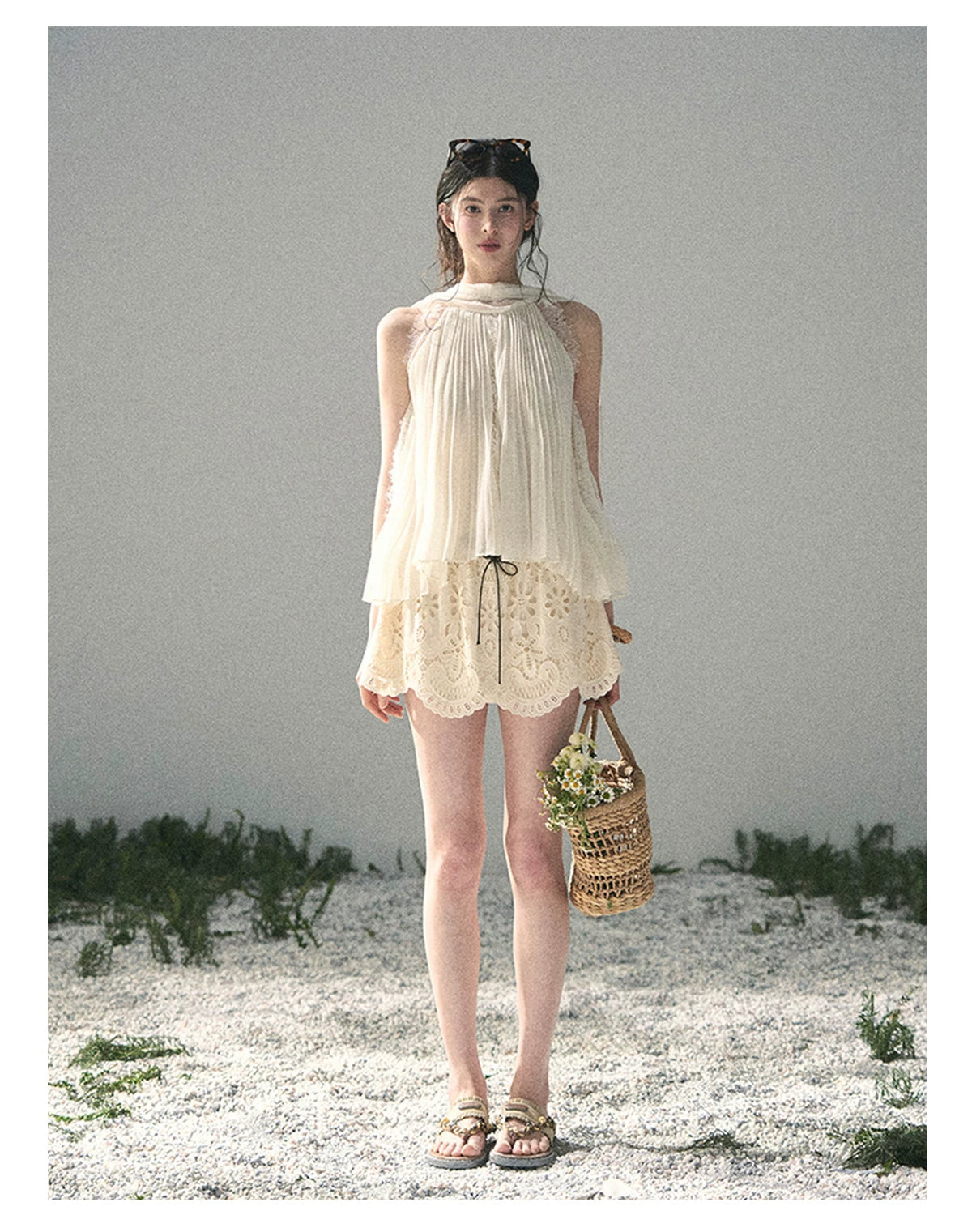 “Summer Light Through Pleats” Ivory Lace Pleated Halter Blouse