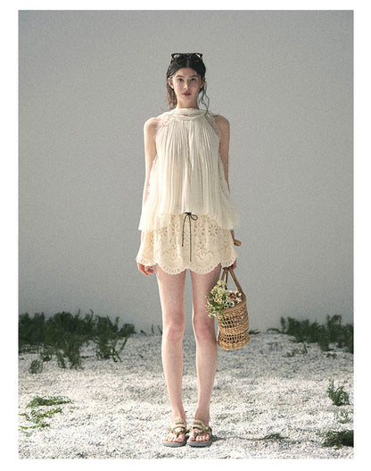 “Summer Light Through Pleats” Ivory Lace Pleated Halter Blouse