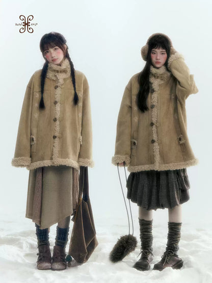 Horridale - Vintage Tan Suede-Effect Sherpa-Lined Stand Collar Jacket