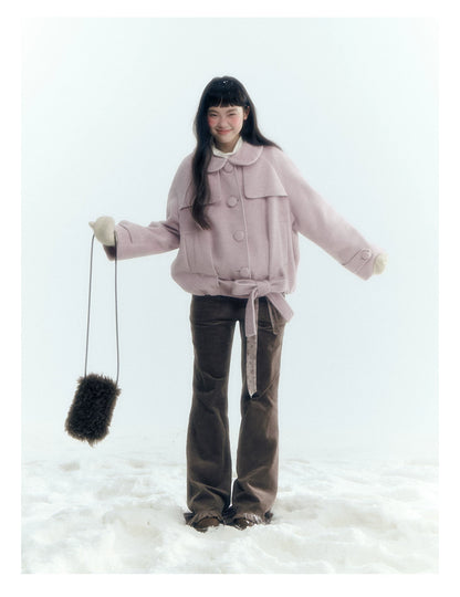 Horridale - Milk Tea Brown Floral Belt Corduroy Flare Pants