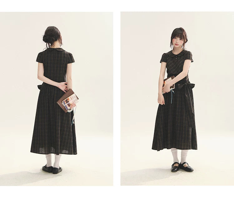 "Vintage Scholar" Black Brown Plaid Bow Tie Peter Pan Collar Maxi Dress