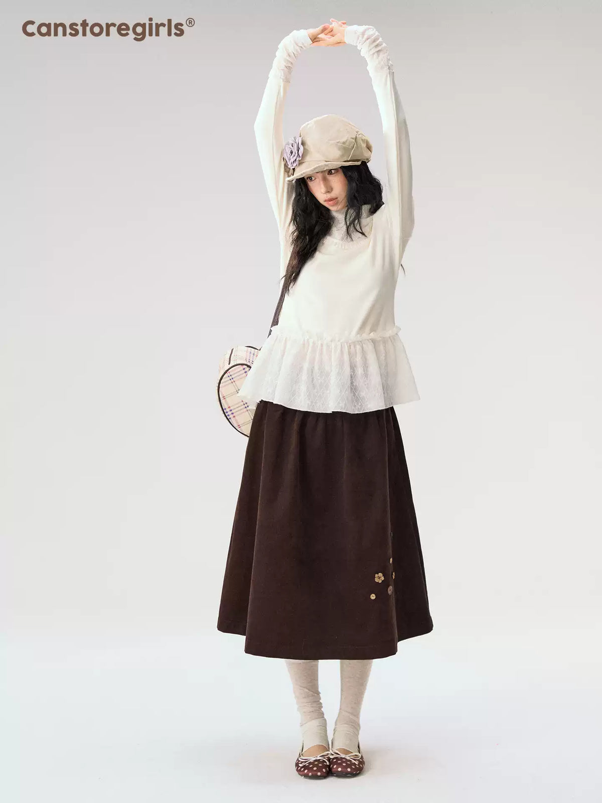 [CAN] “Cream Cloud” Ivory Lace Ruffle High-Neck Top