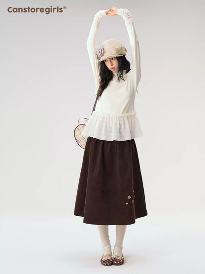 [CAN] “Cream Cloud” Ivory Lace Ruffle High-Neck Top