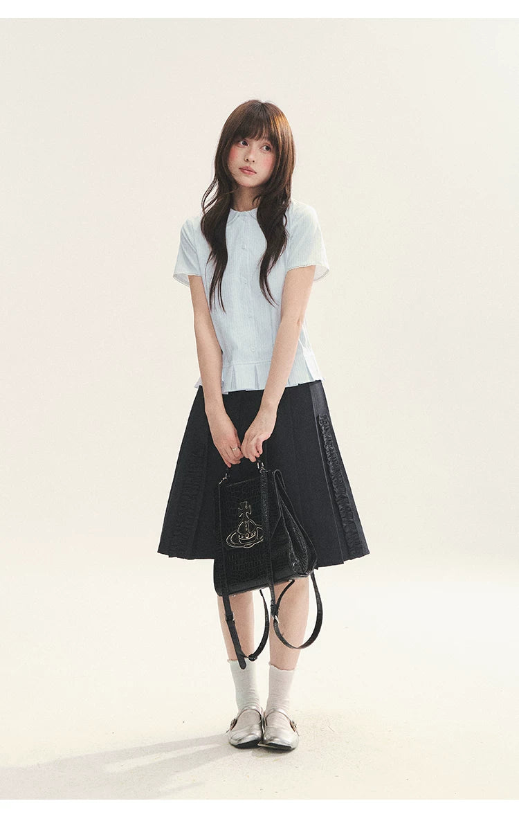 "Citrus Sea Salt" Stripe Lace Peter Pan Collar Pleated Shirt (White Blue / Blue White)