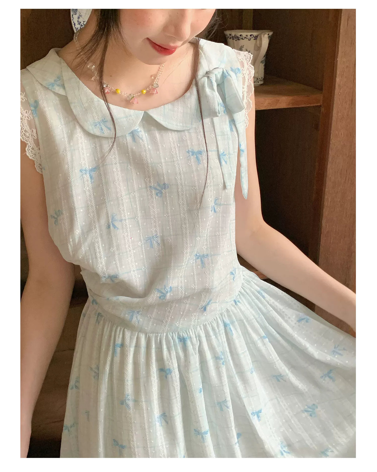 [RF] “Blue Ribbon Whisper” Blue Bow Print Lace-Trim Sleeveless Dress