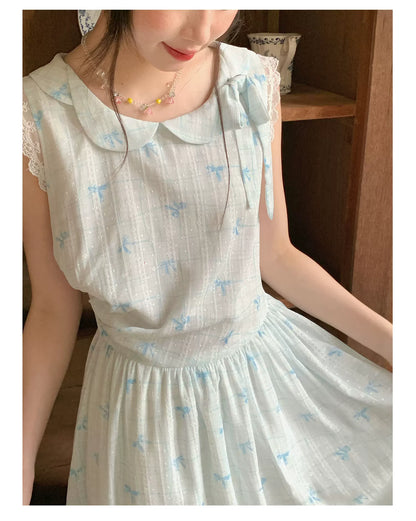 [RF] “Blue Ribbon Whisper” Blue Bow Print Lace-Trim Sleeveless Dress