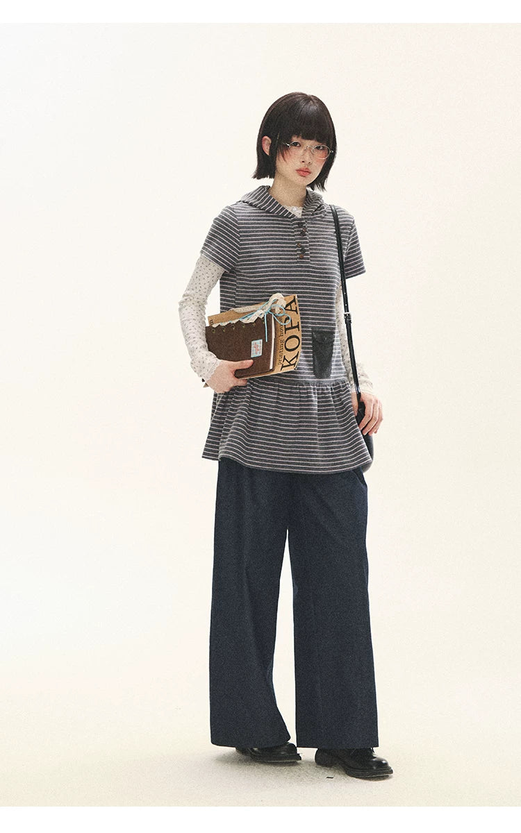"Seoul Diary" Gray & Pink Stripe Hooded Knit Mini Dress