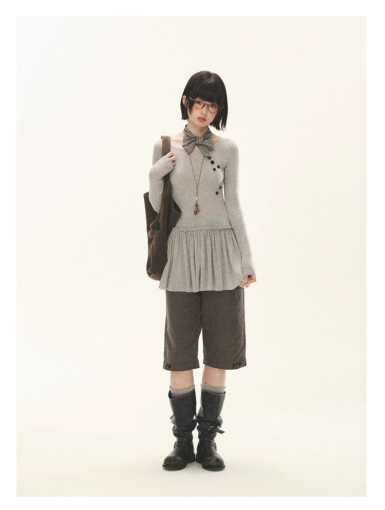 "Spring Memoir" TENCEL™ Wool Pleated Knit Midi Dress (Oat Gray/ Butter Cream)