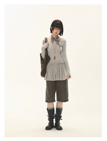 "Spring Memoir" TENCEL™ Wool Pleated Knit Midi Dress (Oat Gray/ Butter Cream)