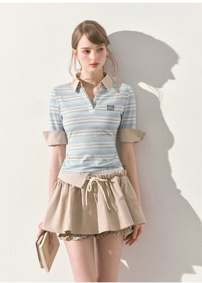 "A Beautiful Forecast" Blue Stripe Layered Polo Knit Top