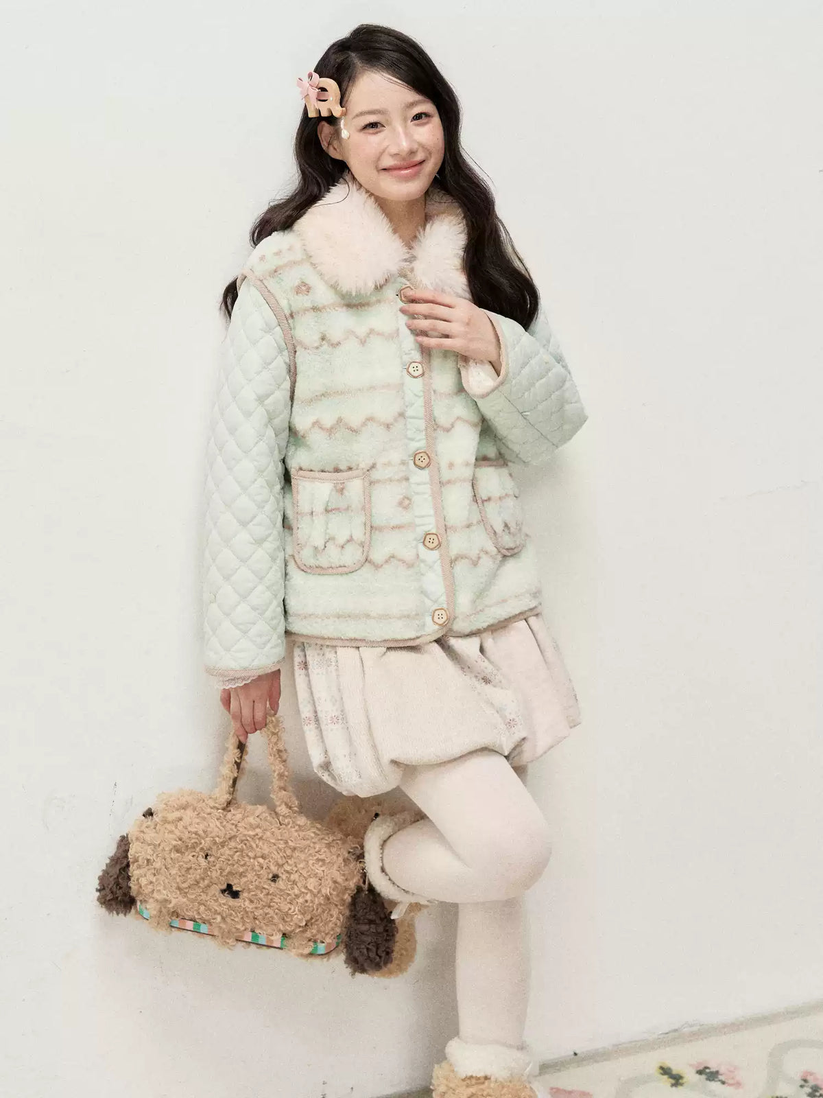 RF - Mint Green and Light Brown Fair Isle Quilted Faux Fur Vest Jacket