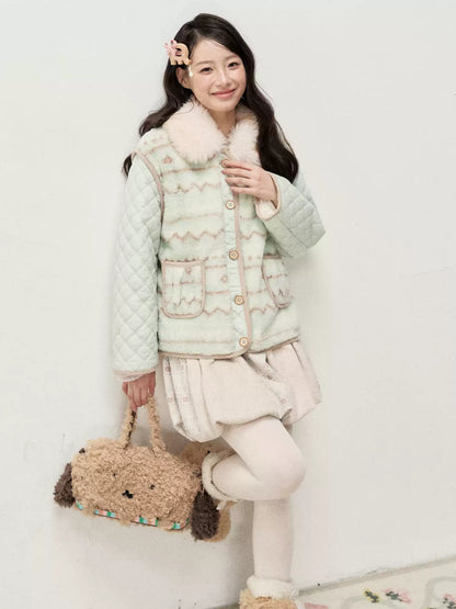 RF - Mint Green and Light Brown Fair Isle Quilted Faux Fur Vest Jacket