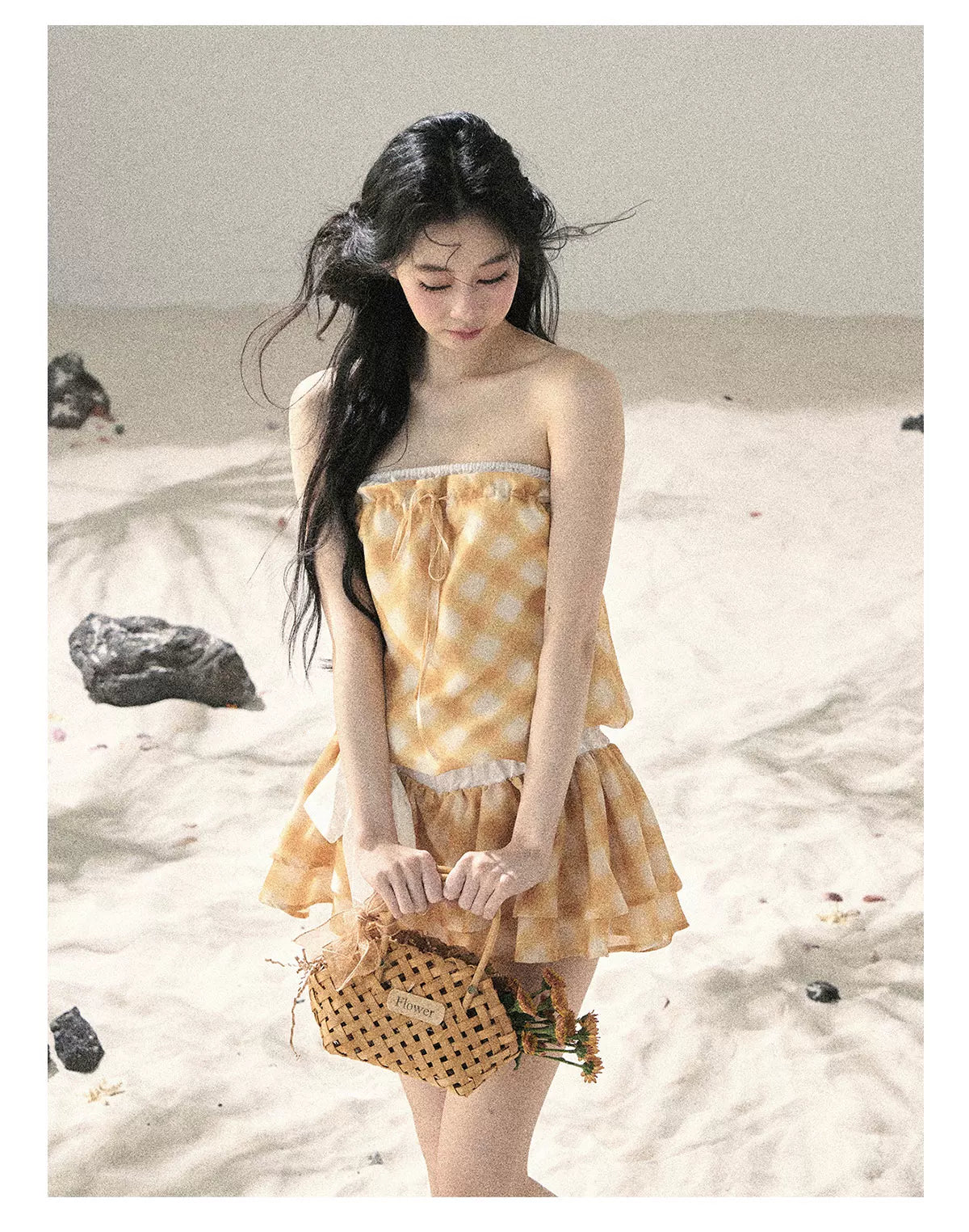 "Breeze Upon the Waves" Cheese Yellow Off-Shoulder Diamond Quilted Mini Dress