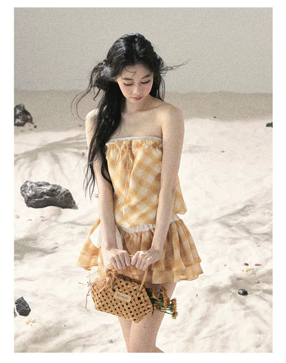 "Breeze Upon the Waves" Cheese Yellow Off-Shoulder Diamond Quilted Mini Dress