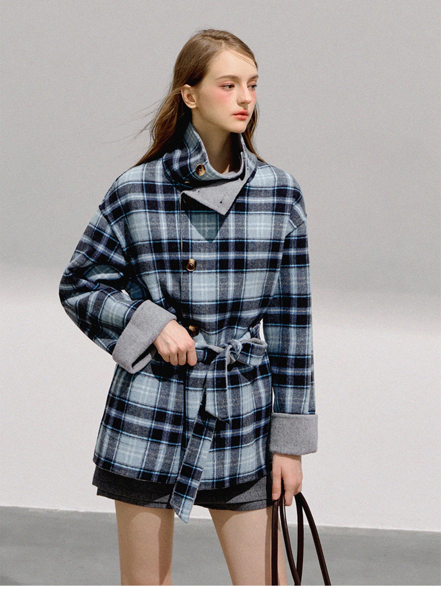 BOHOL BLING - Reversible Plaid Wool Coat – Vintage Contrast Short Wool Jacket