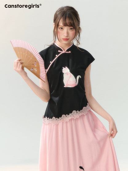 "Pink Letter, Cat’s Silhouette" New Chinese Embroidered Skirt Set SH2026223