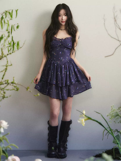 1P - Deep Purple Floral Chiffon Tiered Mini Dress